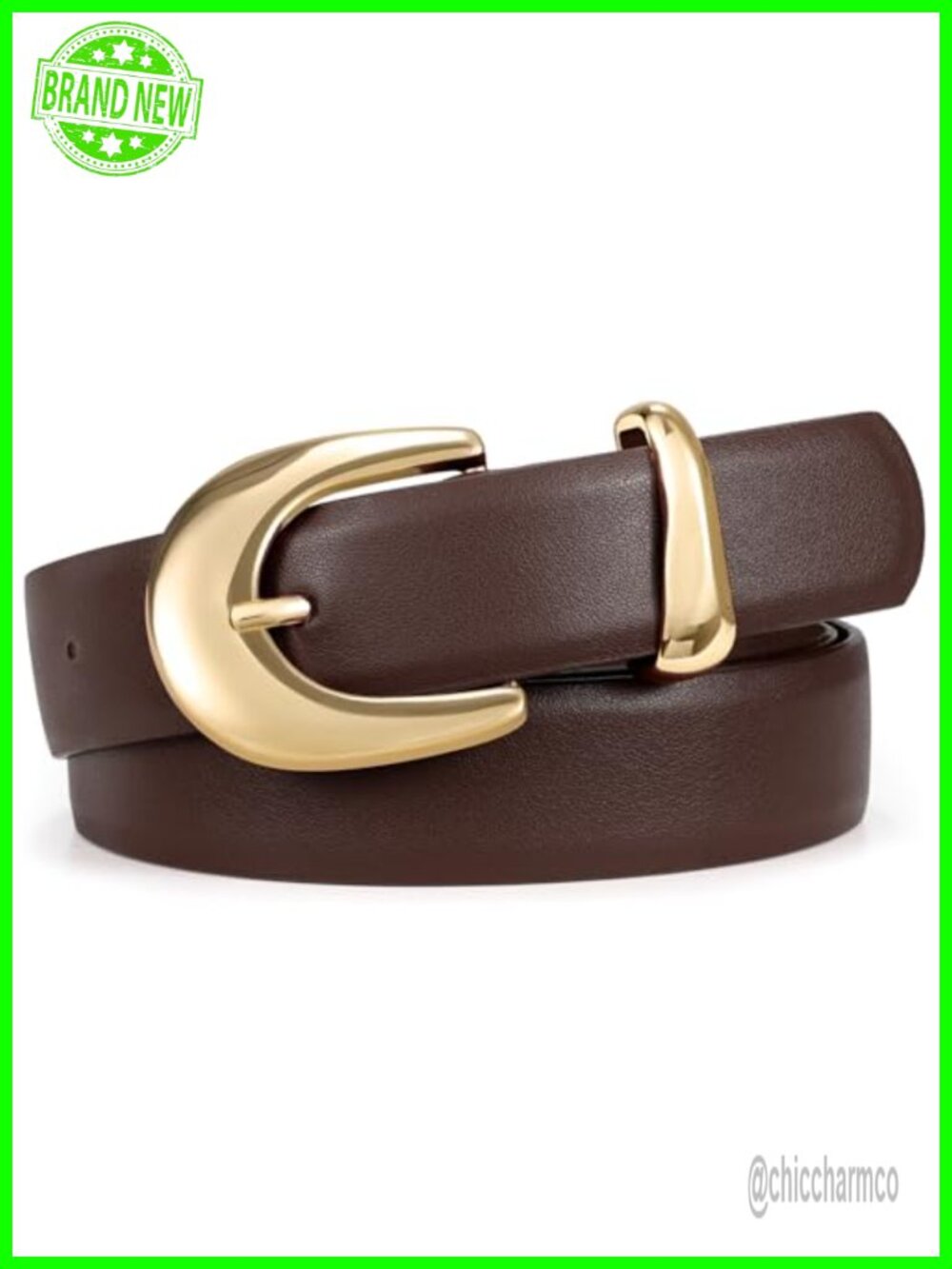 Women PU Leather Skinny Belt Gold Circular Buckle Fit Waist 28-34in